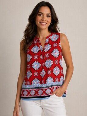 Crown & ivy Red Sleeveless Printed V-Neck Camisole with Blue Accents